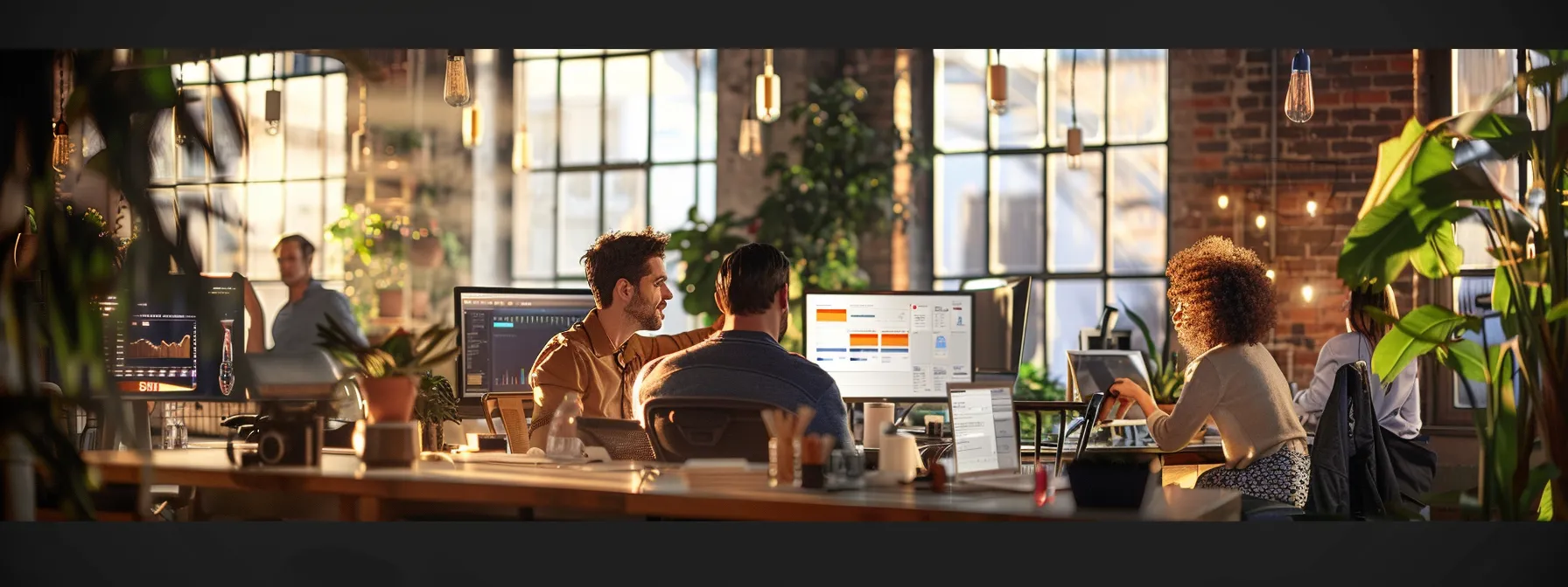 a bustling urban office environment features a focused team of professionals analyzing data on multiple screens, with one displaying google my business insights and another showcasing seo performance metrics, emphasizing the strategic importance of tracking local search rankings for a chimney repair business.