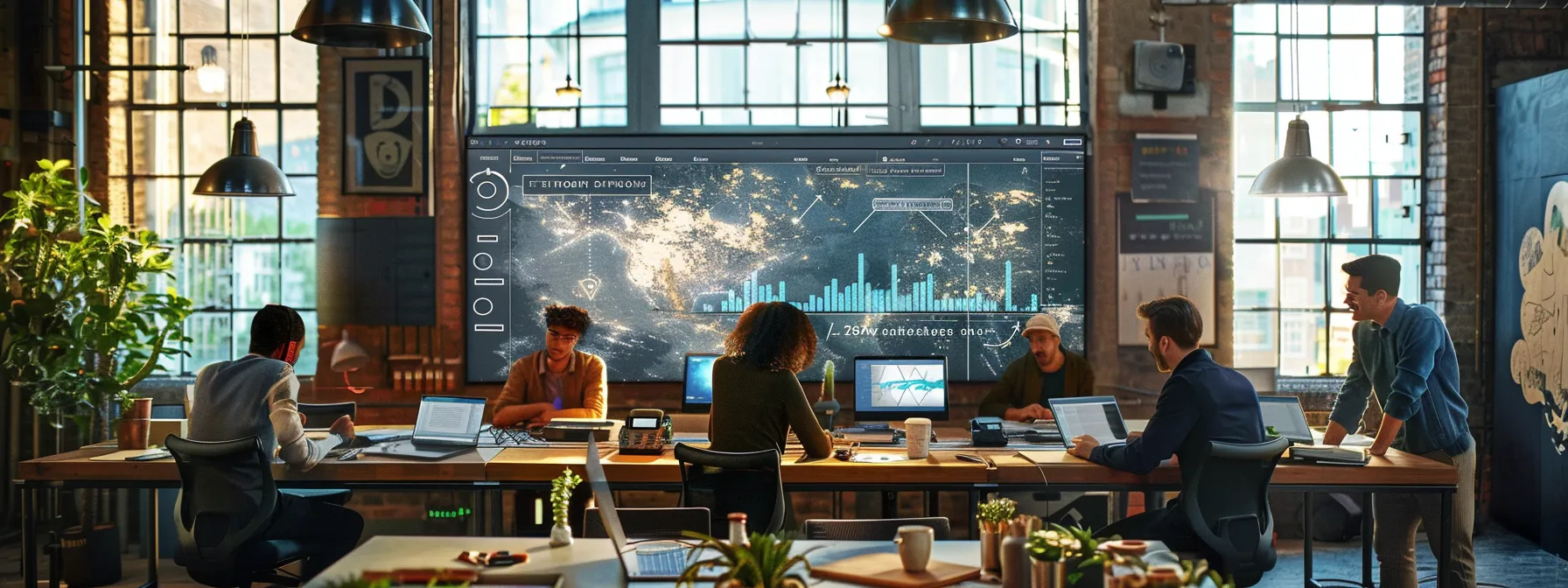 a bustling urban office setting displays a diverse team of professionals collaborating over a large digital map, pinpointing local directories and media outlets to strategically enhance local citations and backlinks for a chimney repair business.
