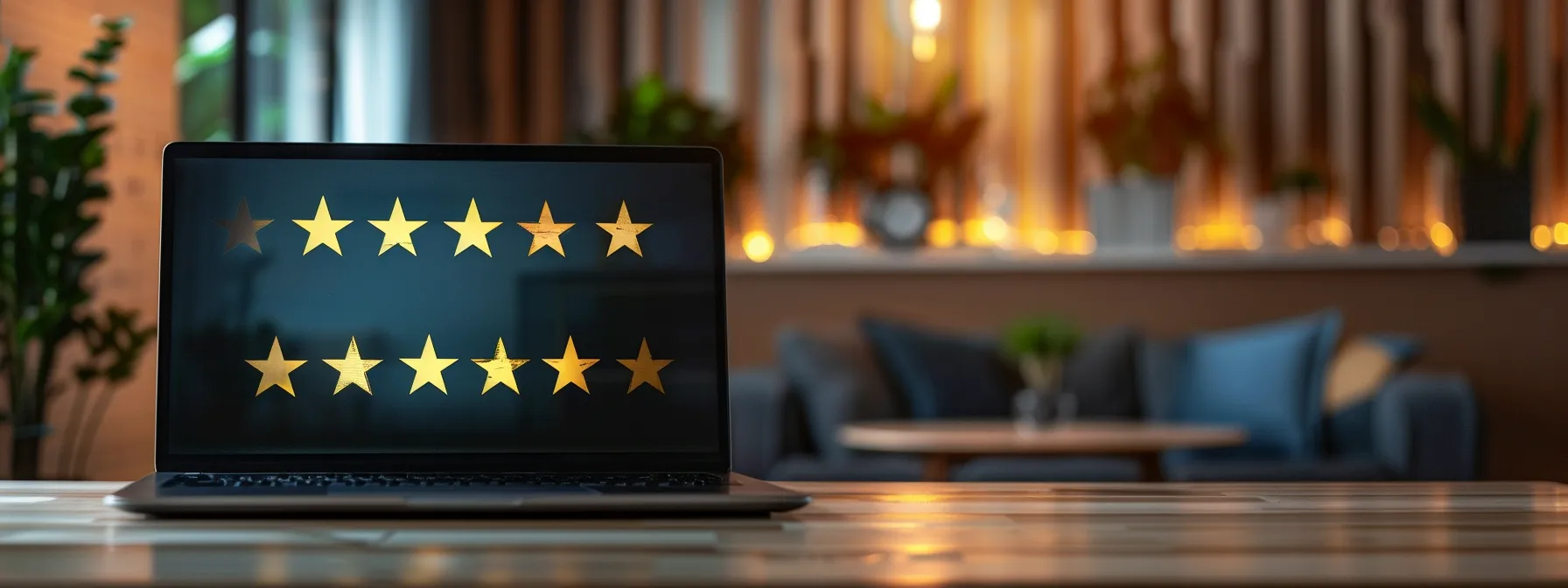 a modern office setting features a sleek laptop displaying glowing online reviews for a chimney repair business, surrounded by charts and graphs highlighting customer engagement metrics and positive feedback, with warm ambient lighting that emphasizes professionalism and trustworthiness.