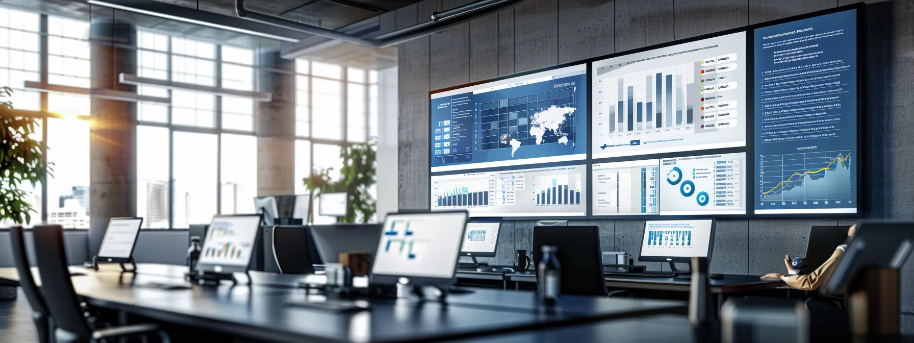a modern office space features a large digital screen displaying an optimized google my business listing, with a vibrant infographic illustrating local seo strategies specifically tailored for chimney repair, complemented by sleek desks and engaged professionals brainstorming over maps and keywords.