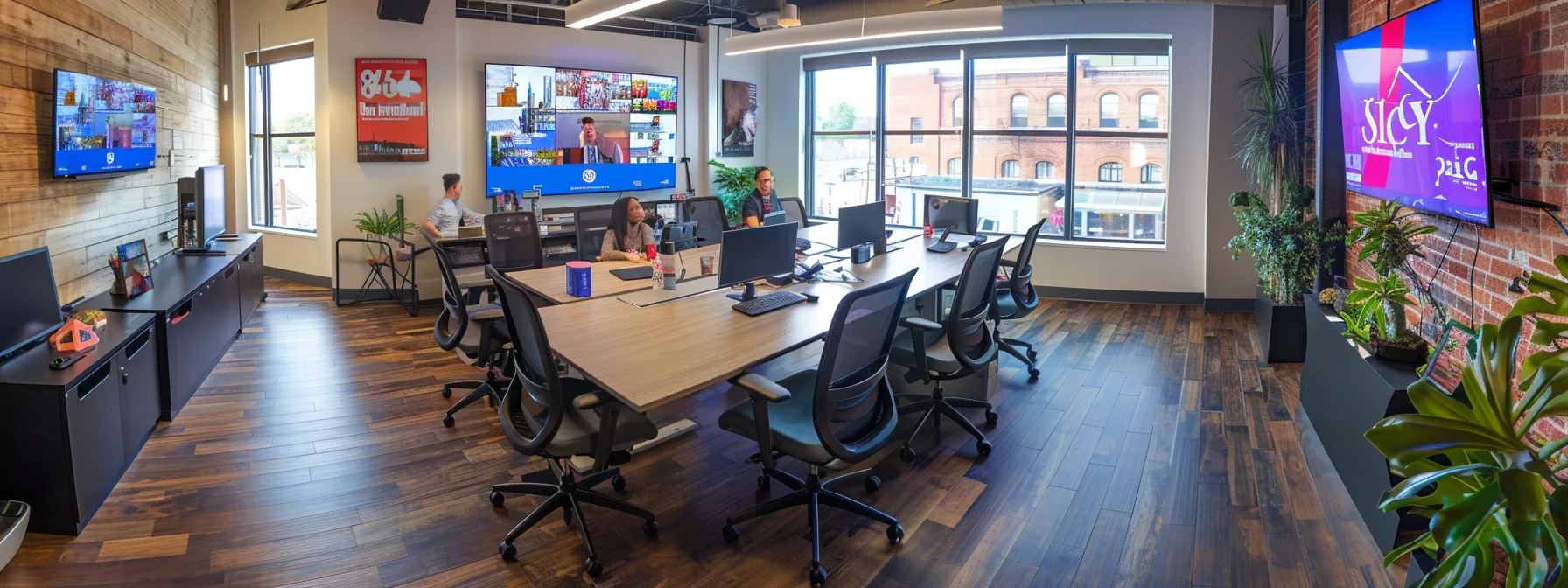 a vibrant, modern office setting showcases a digital marketing team collaborating around a sleek conference table, analyzing screens displaying local seo strategies for a chimney repair business, emphasizing engagement and innovation in boosting online visibility.
