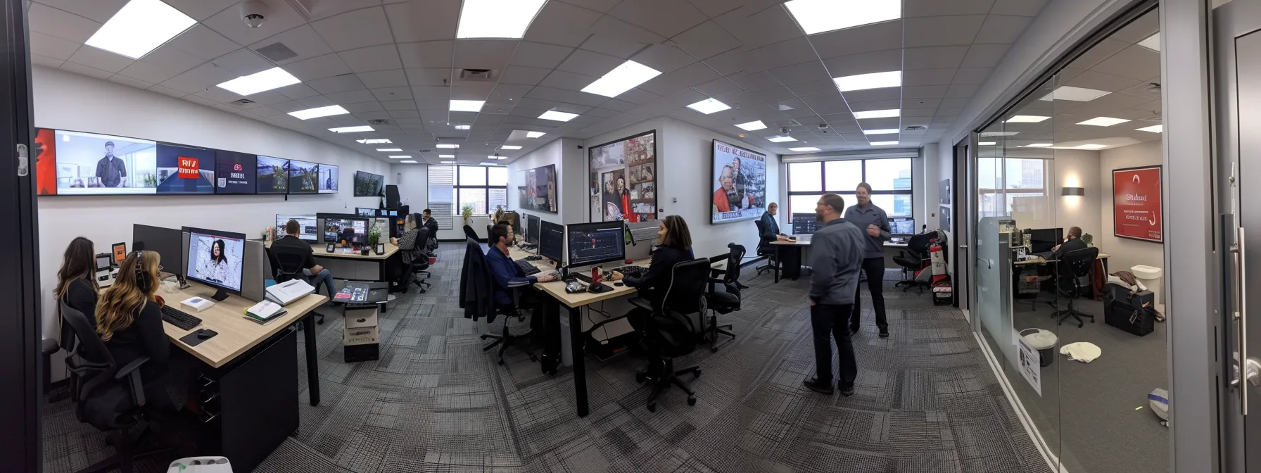 a vibrant urban office space displays a diverse team engaged in a lively discussion, surrounded by screens showcasing local community news and social media feeds, emphasizing the strategic importance of localized content for small businesses like a chimney repair service.