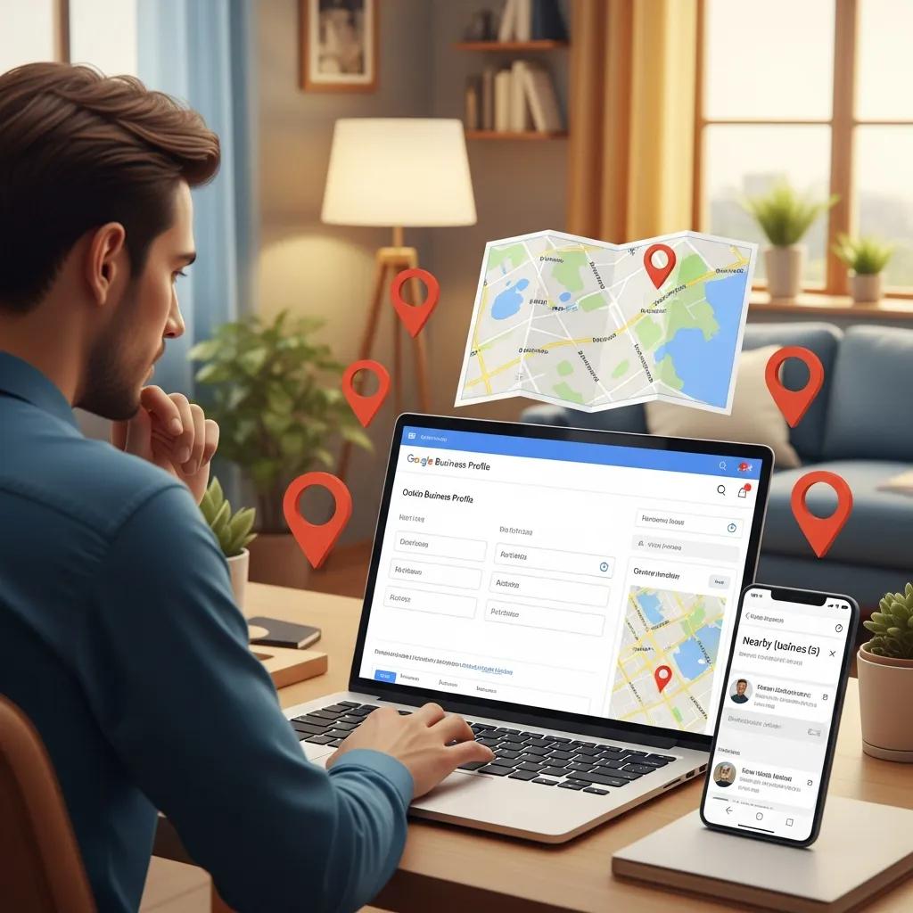 Person optimizing Google Business Profile on laptop, with map and location markers, emphasizing local SEO strategies for mobile visibility.