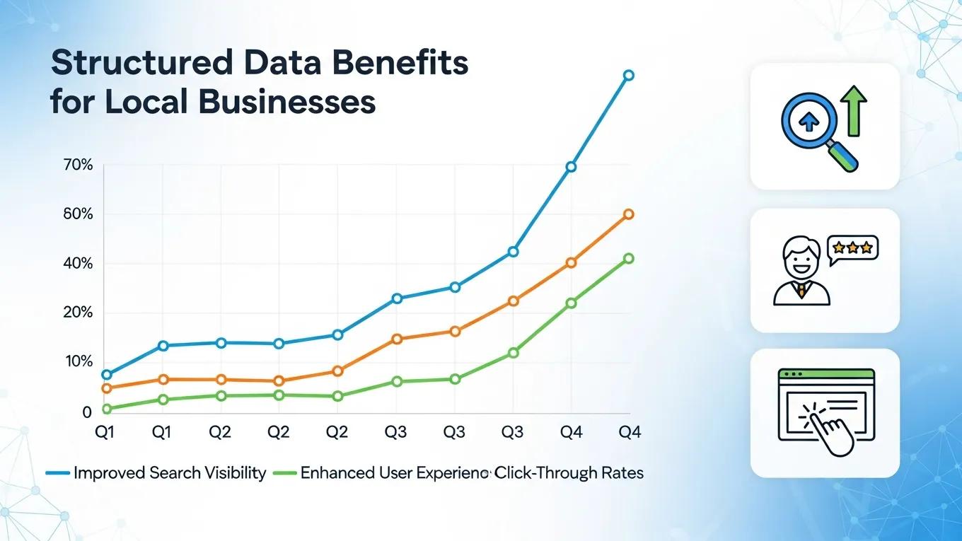 Illustration of benefits of structured data for local businesses, highlighting search visibility, user experience, and click-through rates